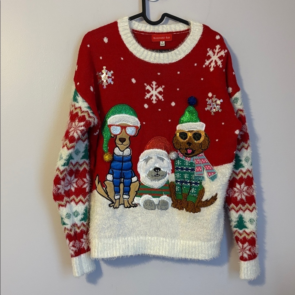Blizzard Bay Ugly Christmas Dog Red White Eyelash Knit Detail Sweater size S